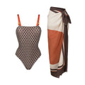 Printed dots pattern one-piece swimsuit with matching wrap skirt set for women