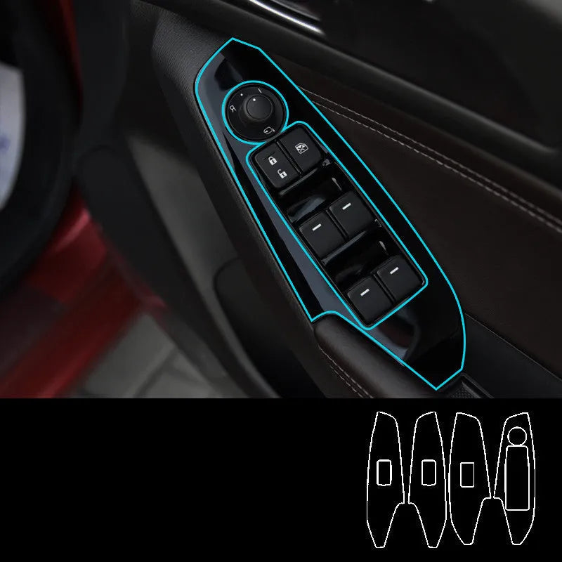 Four TPU protective films for a 14-19 car door control panel, showing transparent and black finish options.