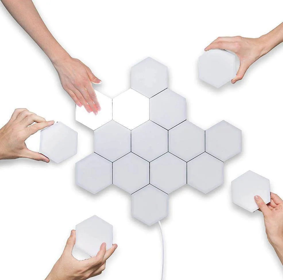 Assembled honeycomb pattern wall lamp with hexagonal white ABS shades and touch control.