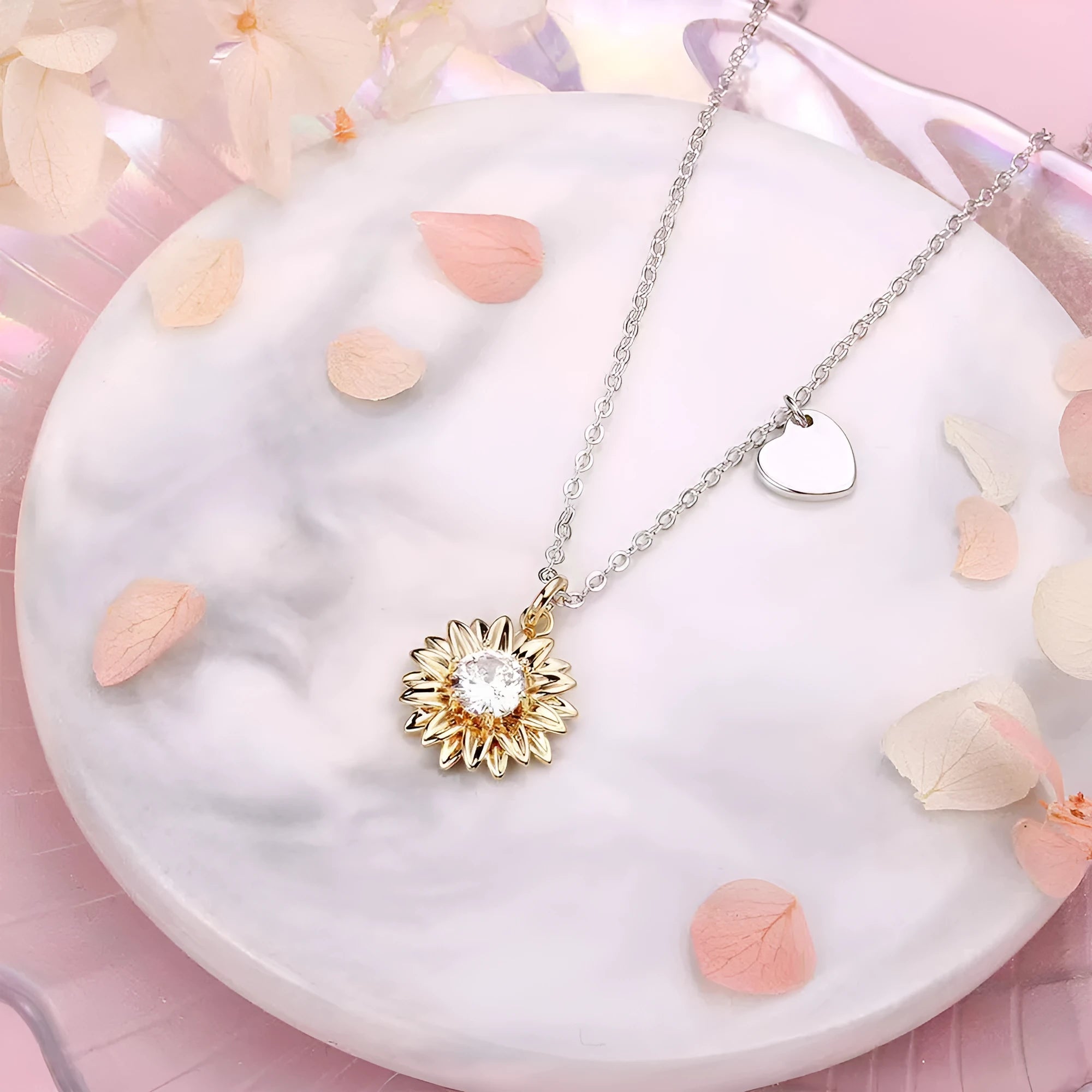 925 sterling silver sunflower daisy pendant on an adjustable cross chain necklace.