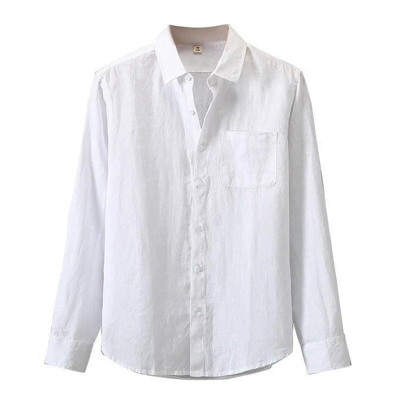 Long sleeve linen cardigan shirt in a loose Chinese style fit, shown in a solid colour.