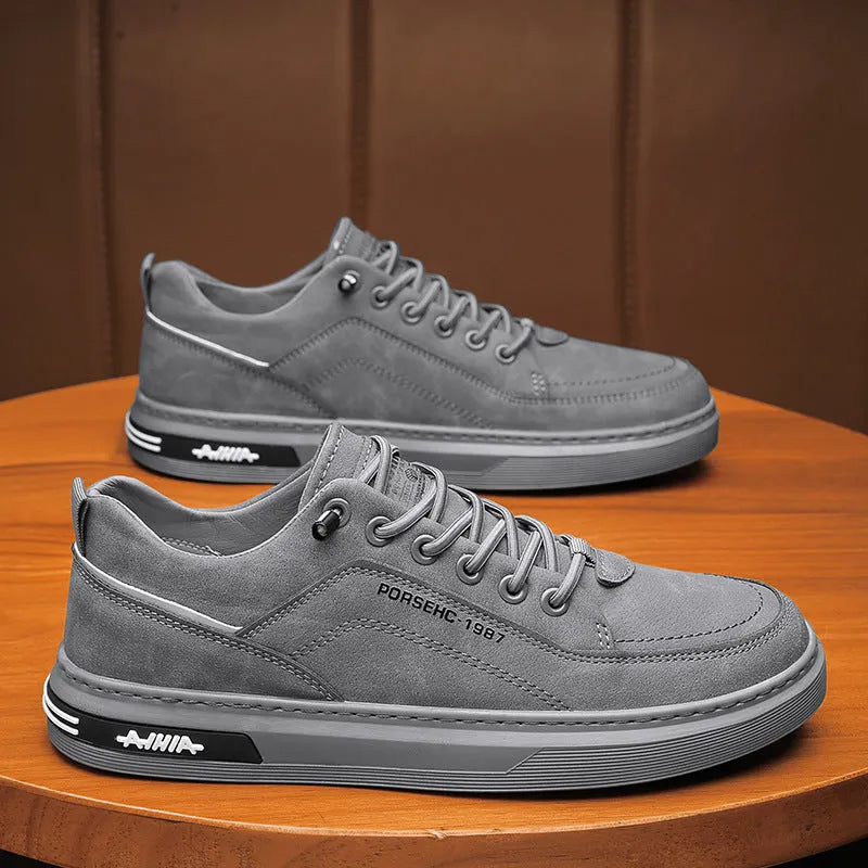 Men's khaki low-top casual shoes with a round toe and non-slip rubber sole.