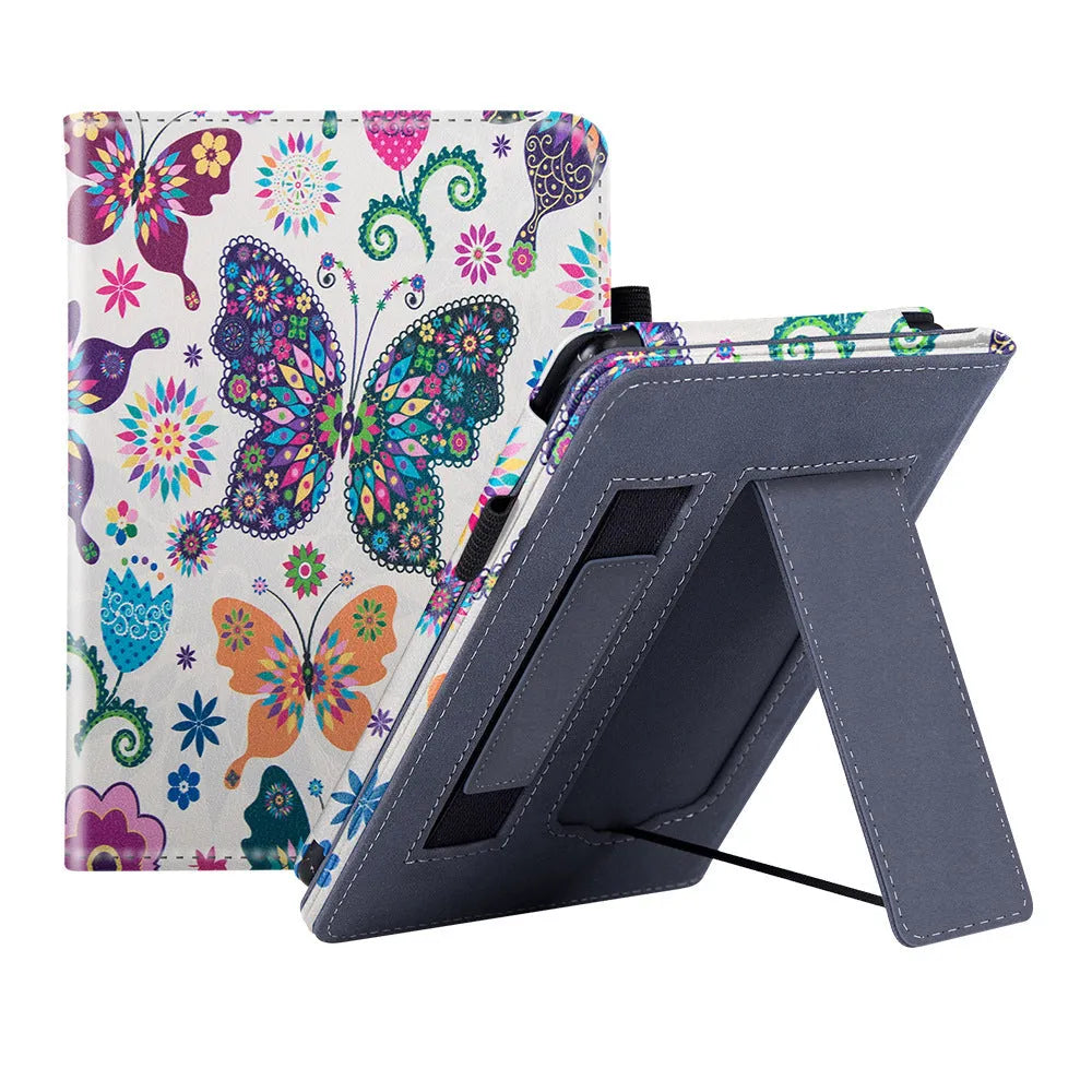 Kindle Paperwhite 11 leather protective case with integrated wrist splint bracket, shown in a selection of colour options.