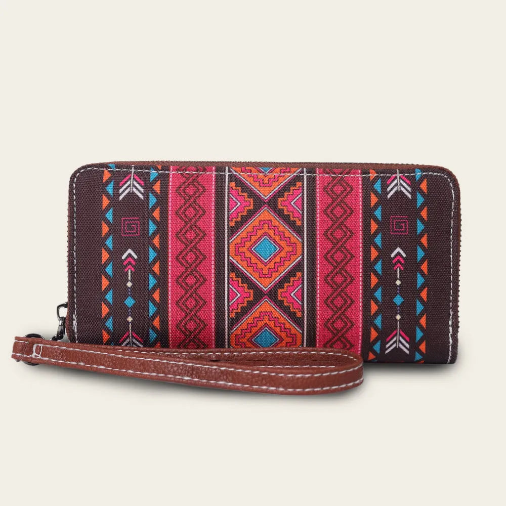 Bohemian striped canvas RFID wallet in multiple colours showing compact size and anti-theft feature.