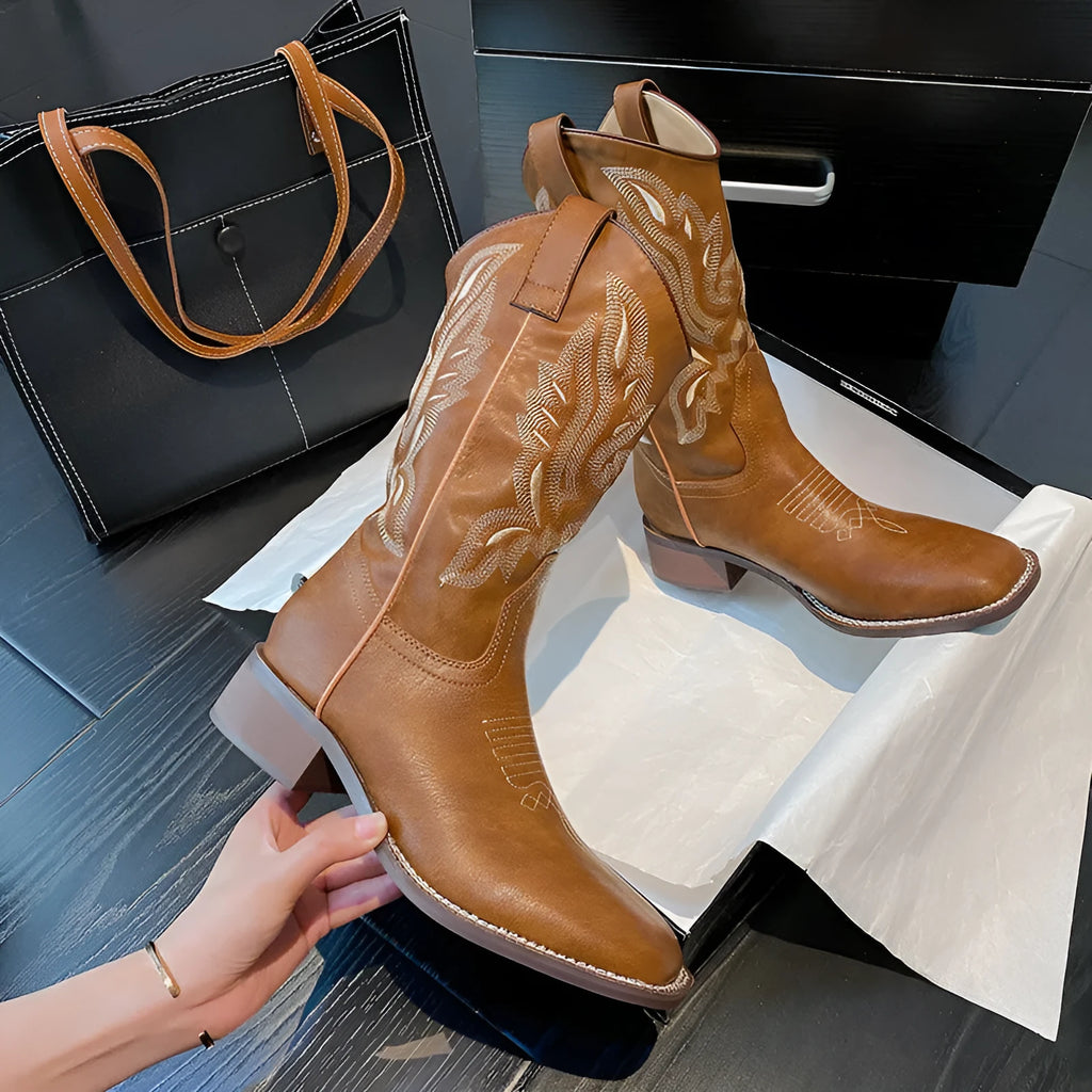 Brown women's embroidered Martin boots with leather lining, low square heel, and waterproof platform sole.
