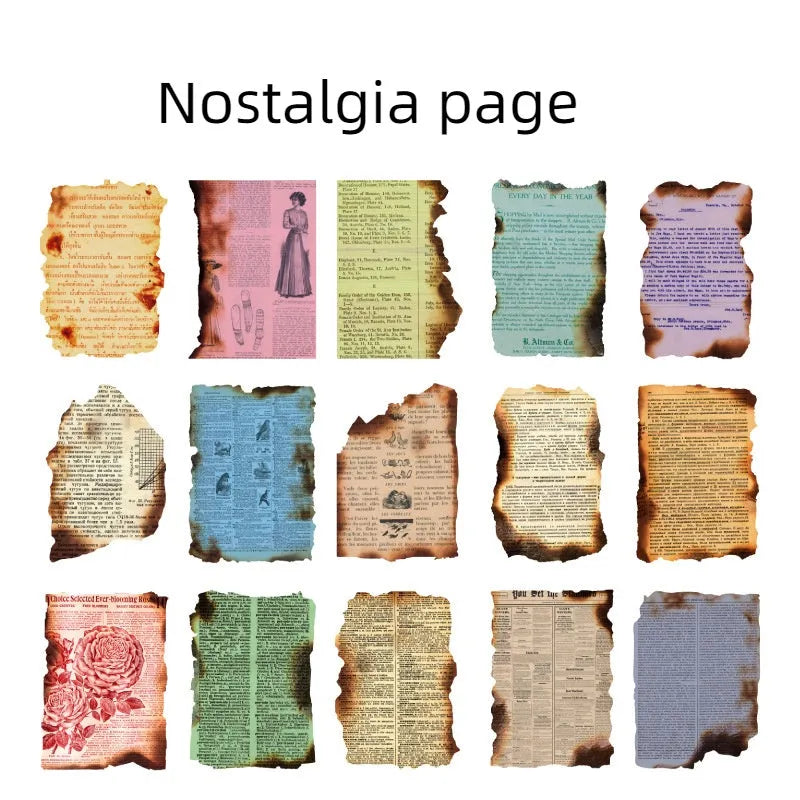 Burnt fragments series paper ephemera pack showing irregular, distressed pieces in vintage collage designs.