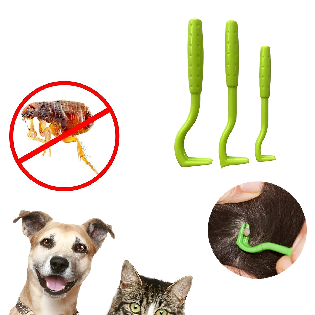 Three blue and green plastic tick removal clips with hook design for pets.
