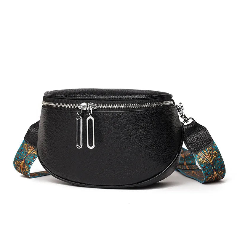 Women's soft PU leather messenger bag in saddle shape with cross-body strap and zipper pocket.