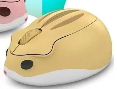 Hamster wireless mute mouse in grey, pink, and yellow colours showing compact design