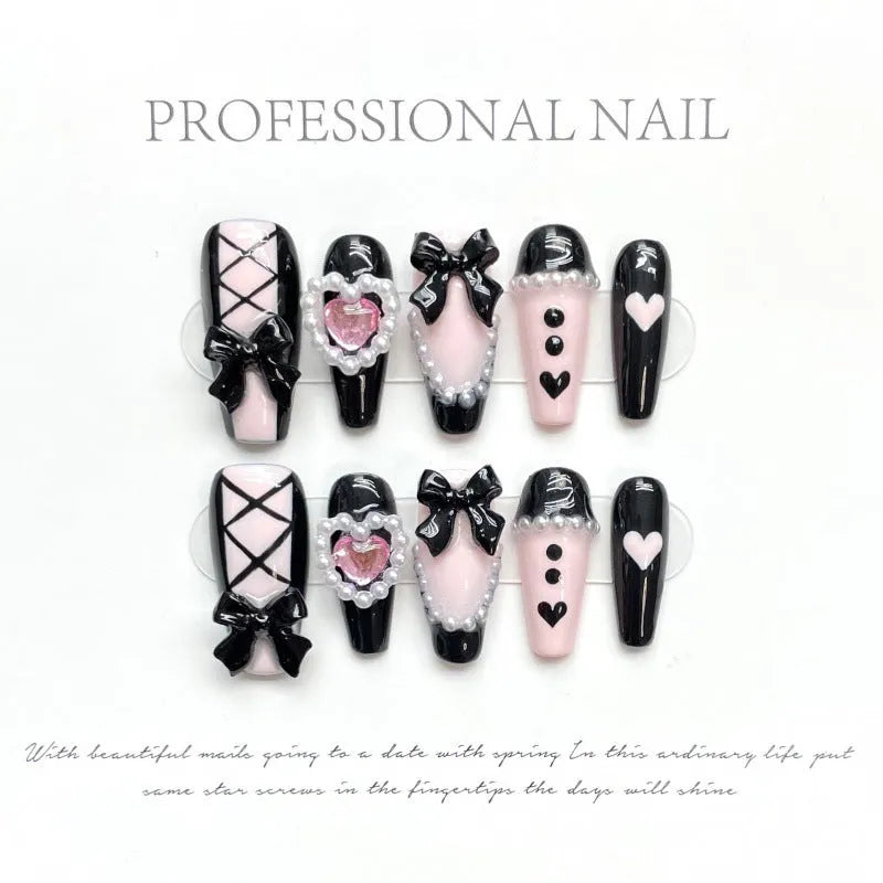 Black peach heart hand-painted detachable manicure set with bow patterns in Cat's Eye style