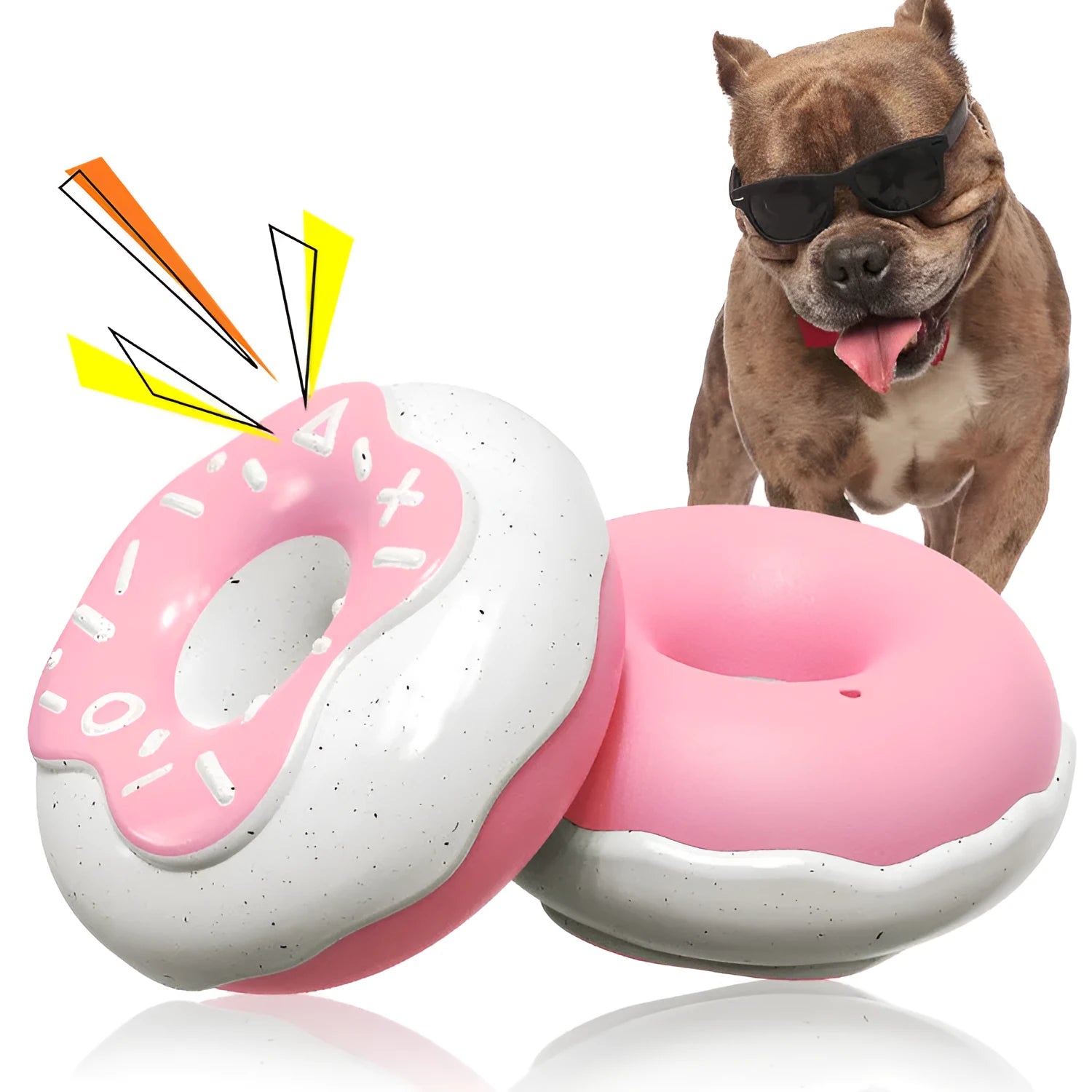 Pink donut-shaped squeaky dog toy with textured surface for dental cleaning