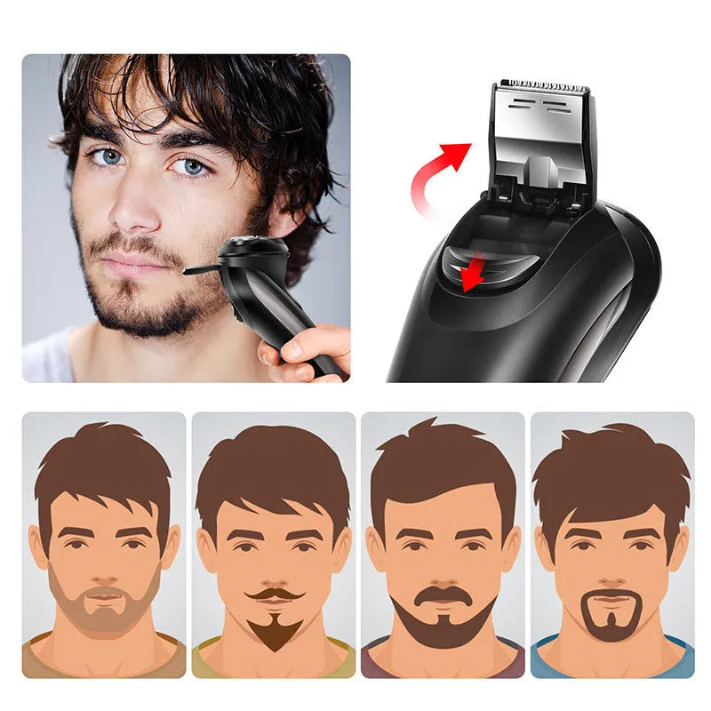 Men's electric shaver kit with three rotating floating heads and pop-up sideburn trimmer