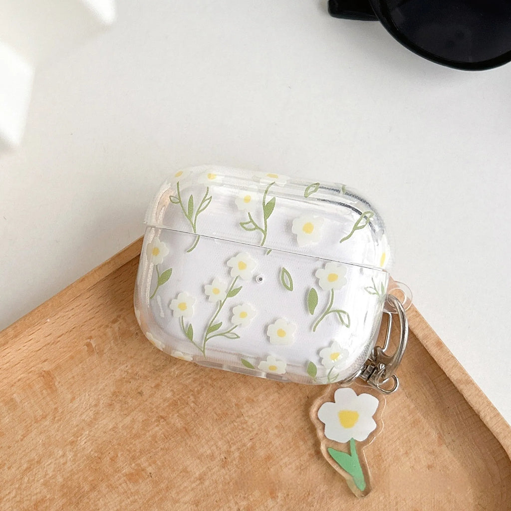 White floral pattern TPU protective cover for Apple AirPods charging case showing high transparency