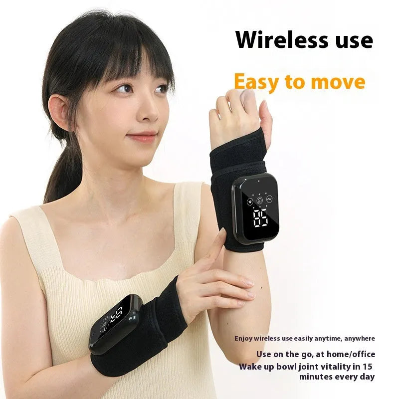 Black electric heating ankle sleeve wrapped around ankle showing heating element placement.