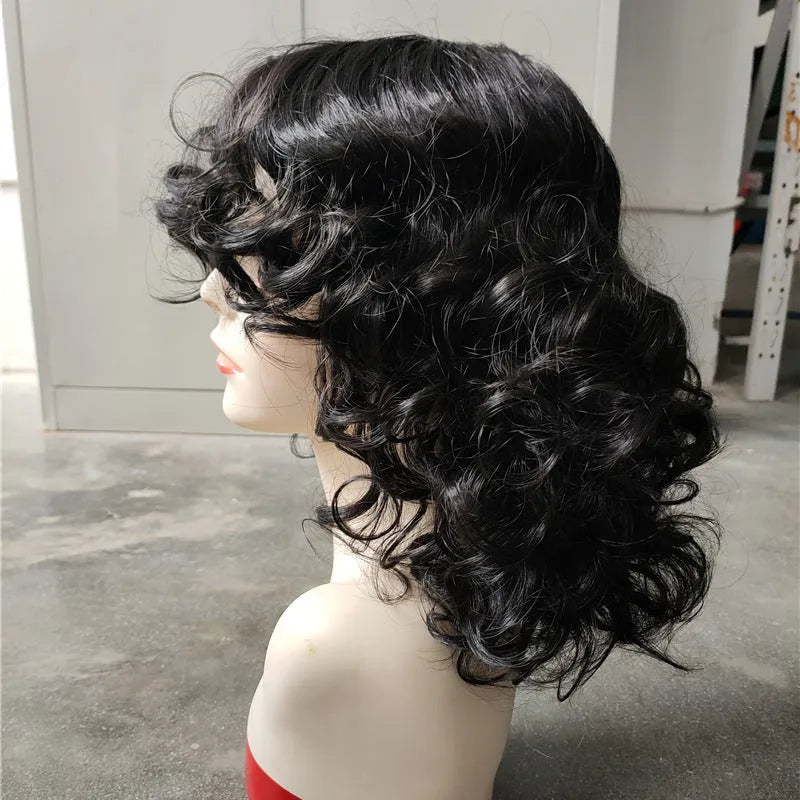 A woman wearing a long, black synthetic wig with tight Afro-textured curls.