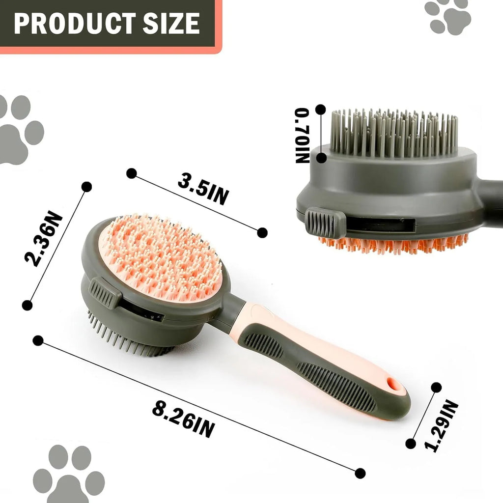 Double-sided cat grooming brush with slicker brush and flea comb in green and pink colours