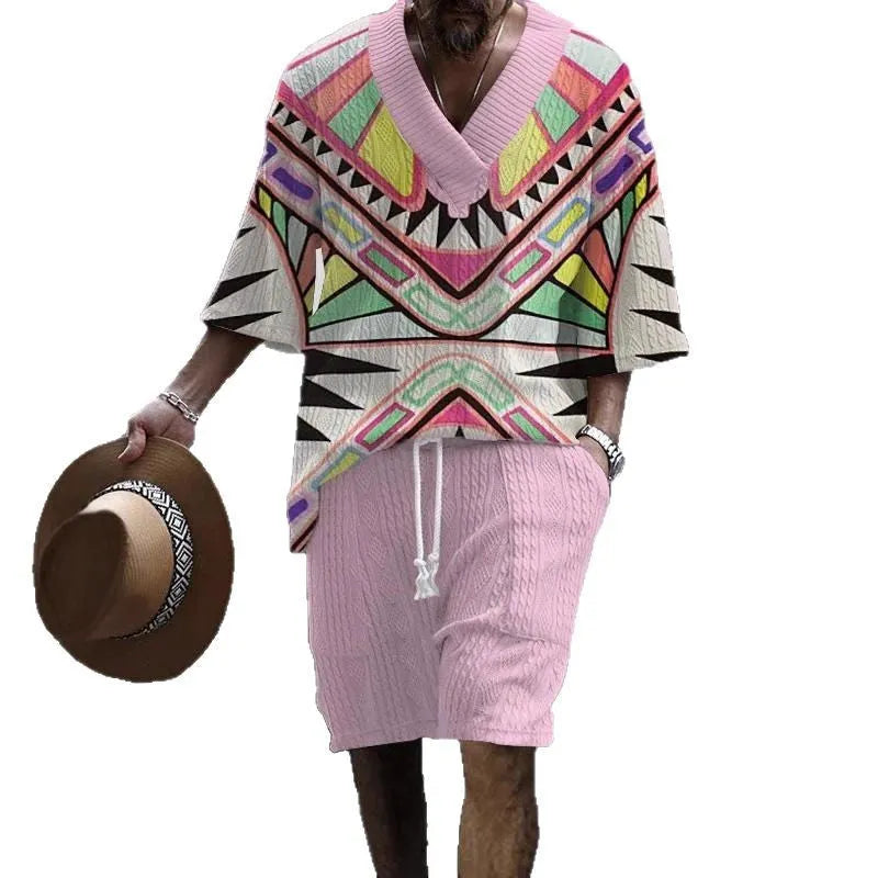 Man wearing a loose-fitting short sleeve top and matching casual shorts from a polyester suit set.