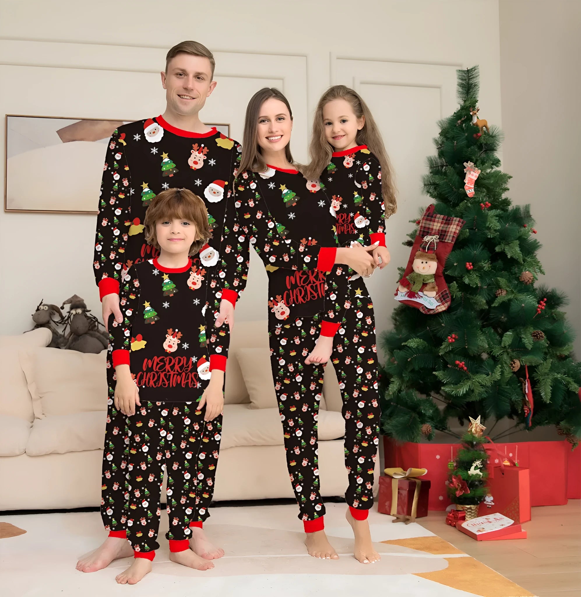 Family wearing matching Christmas pajamas with plaid patterns, including adults, children, and a dog in coordinating sleepwear