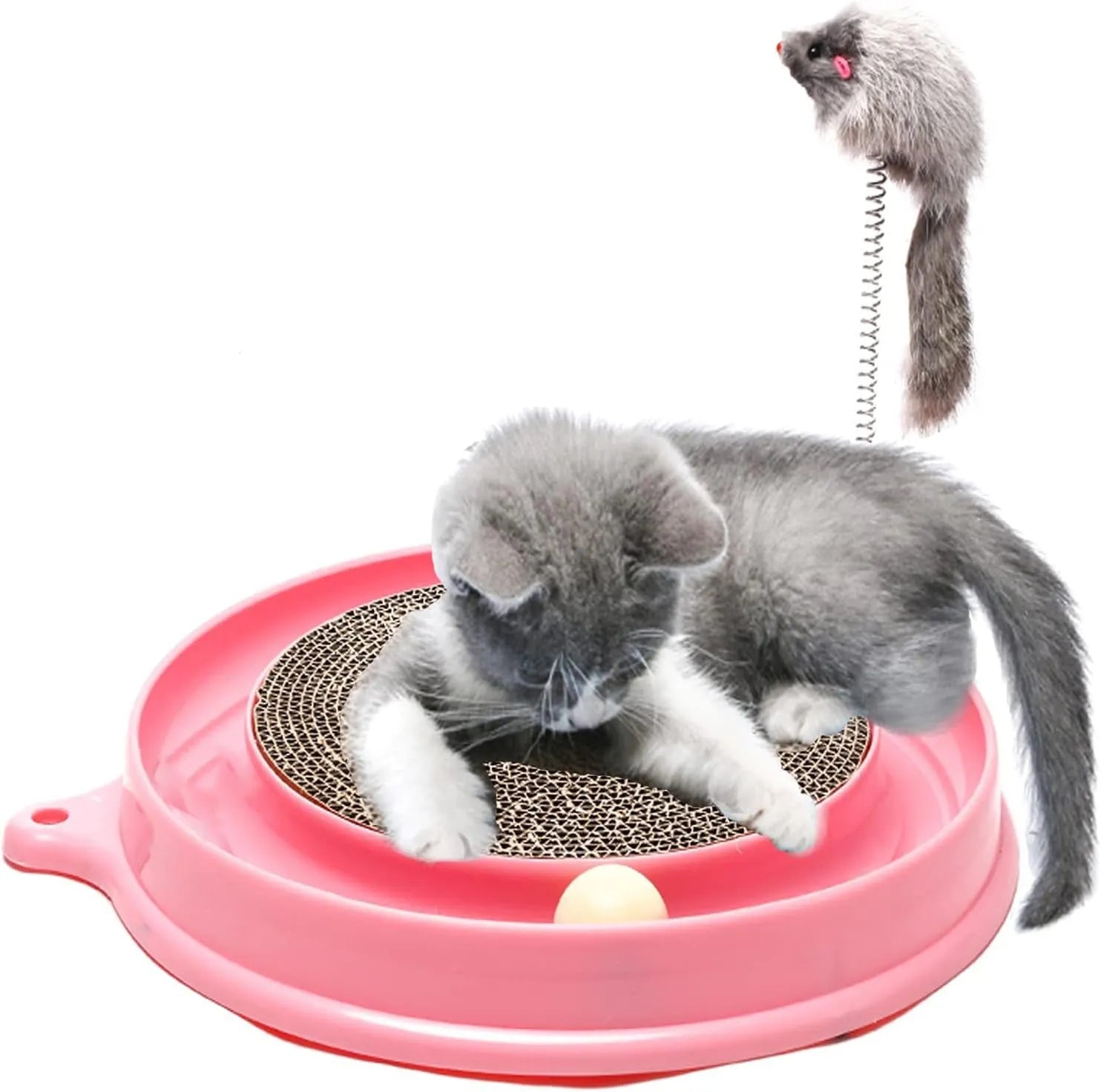 Blue circular cat scratcher with ball track and replaceable cardboard scratching centre