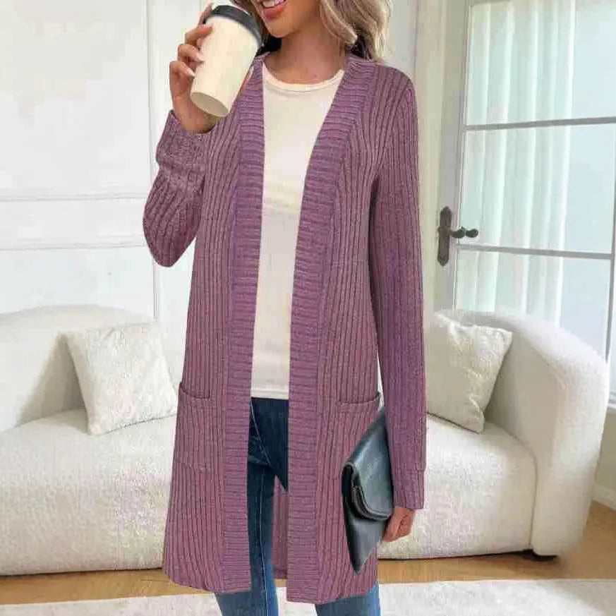 A loose-fit long sleeve knitted cardigan jacket in black, grey, or wine red.