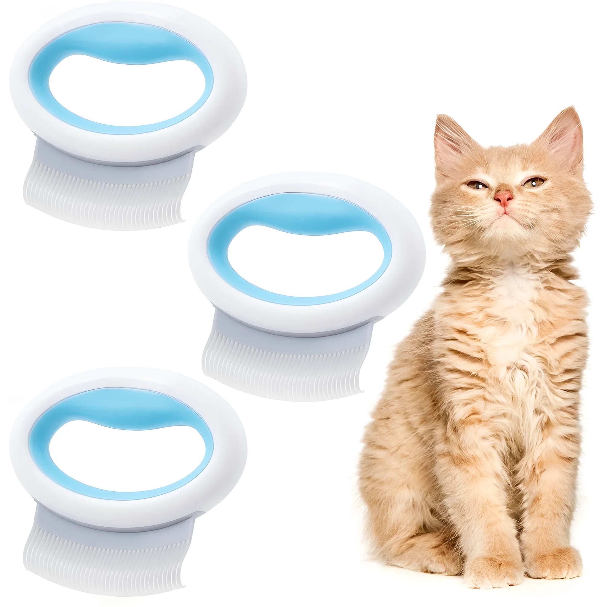 Blue pet grooming comb for deshedding and dematting cat and dog hair on a white background.