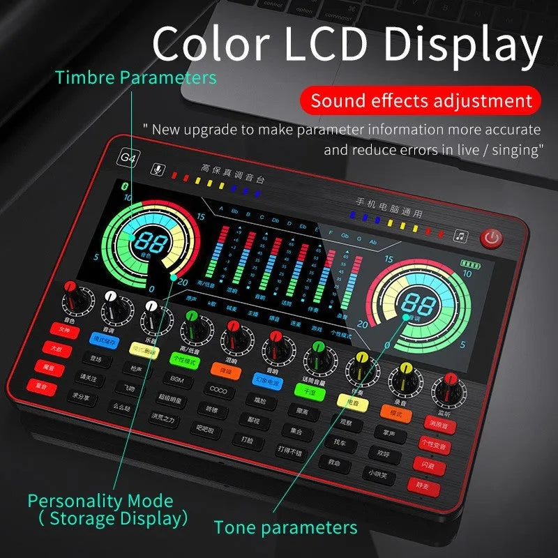 Professional G4 sound card set with colour LCD display, multiple control knobs, and included microphone.