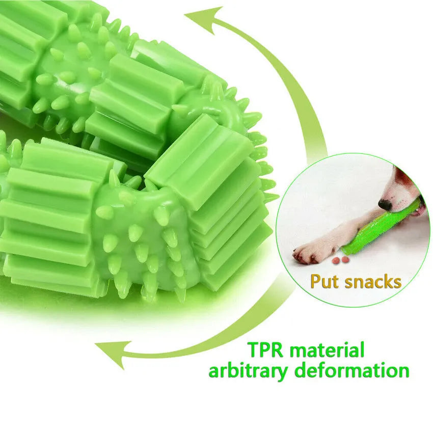 Green natural rubber dog chew toy with hollow centre for treat dispensing and teeth cleaning