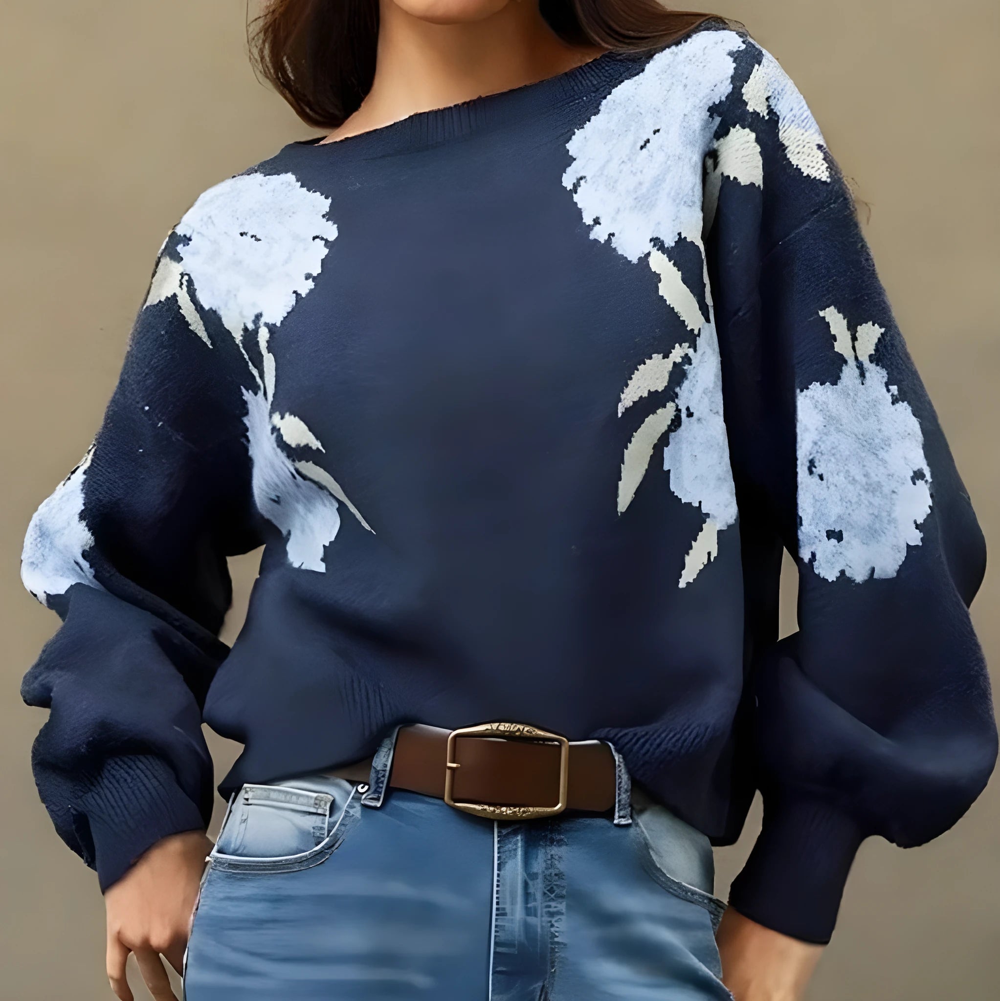 Sapphire blue women's pullover with flower jacquard pattern and off-neck design