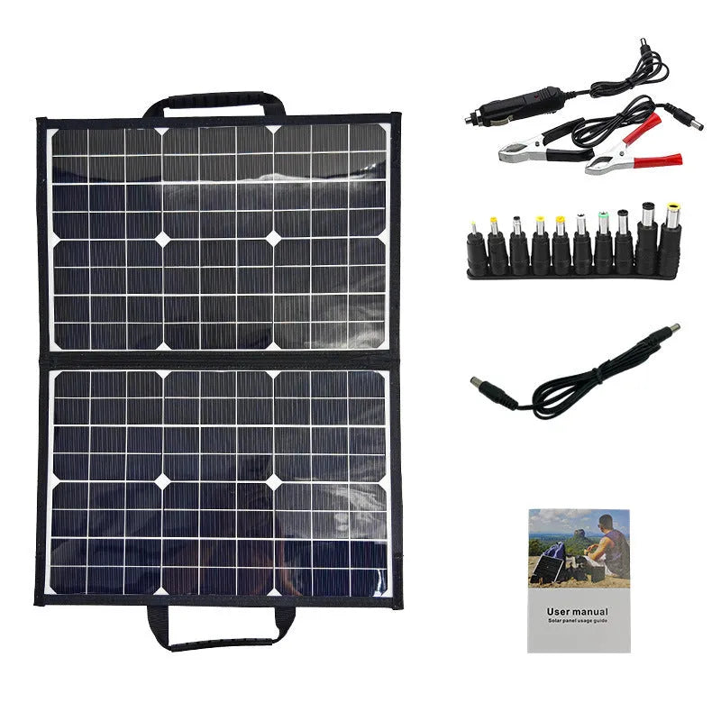 Black 40W monocrystalline folding solar panel bag shown folded to 425x285x8mm for portable outdoor power.