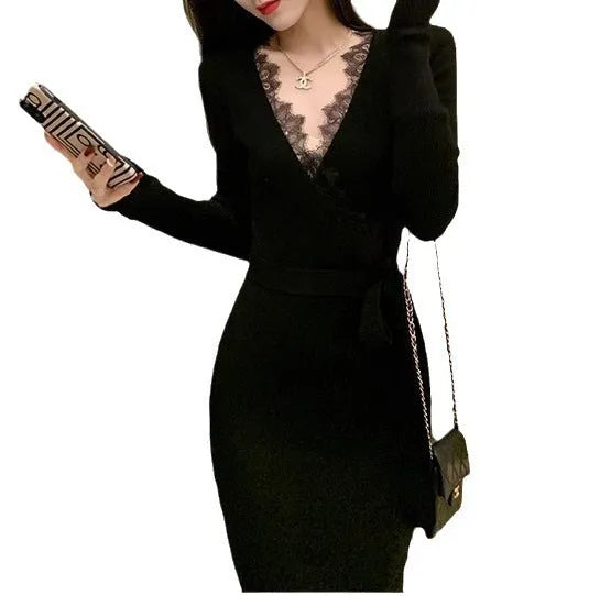 Black women's slim fit woolen skirt with princess dress style cut