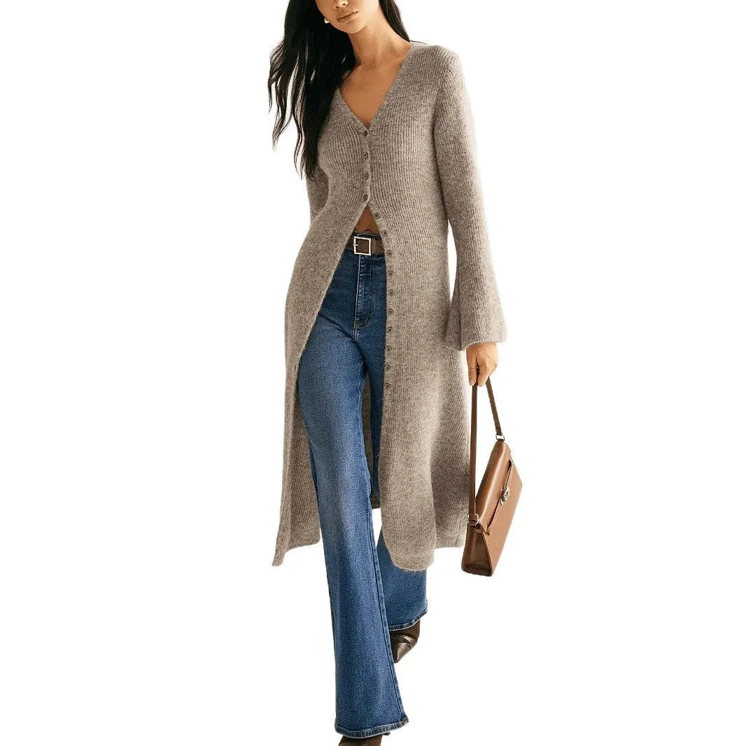 Khaki coloured French-style retro cardigan coat with button front and long sleeves.