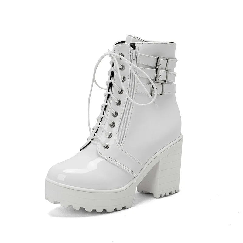 Women's black ankle boots with 6-8cm heel, waterproof platform, and front lace-up design