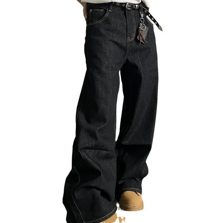 Black retro straight-leg jeans with loose wide-leg fit and mid-waist design