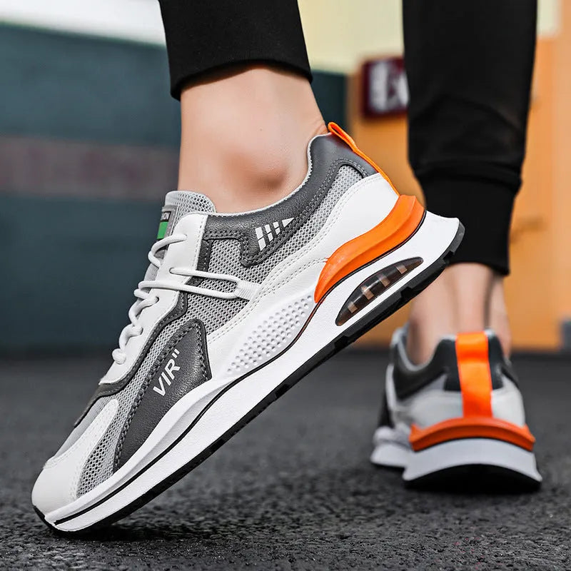 Men's grey mesh running shoes with round toe and EVA sole for summer jogging