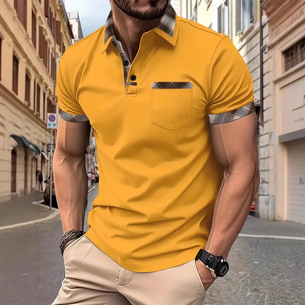Men's loose fit plaid colourblock T-shirt with zipper decoration details on short sleeves