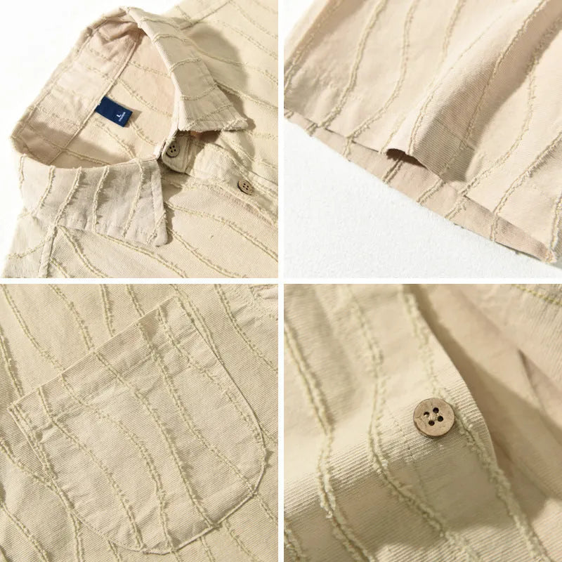 Men's apricot pure cotton casual shirt with short sleeves and loose Japanese style
