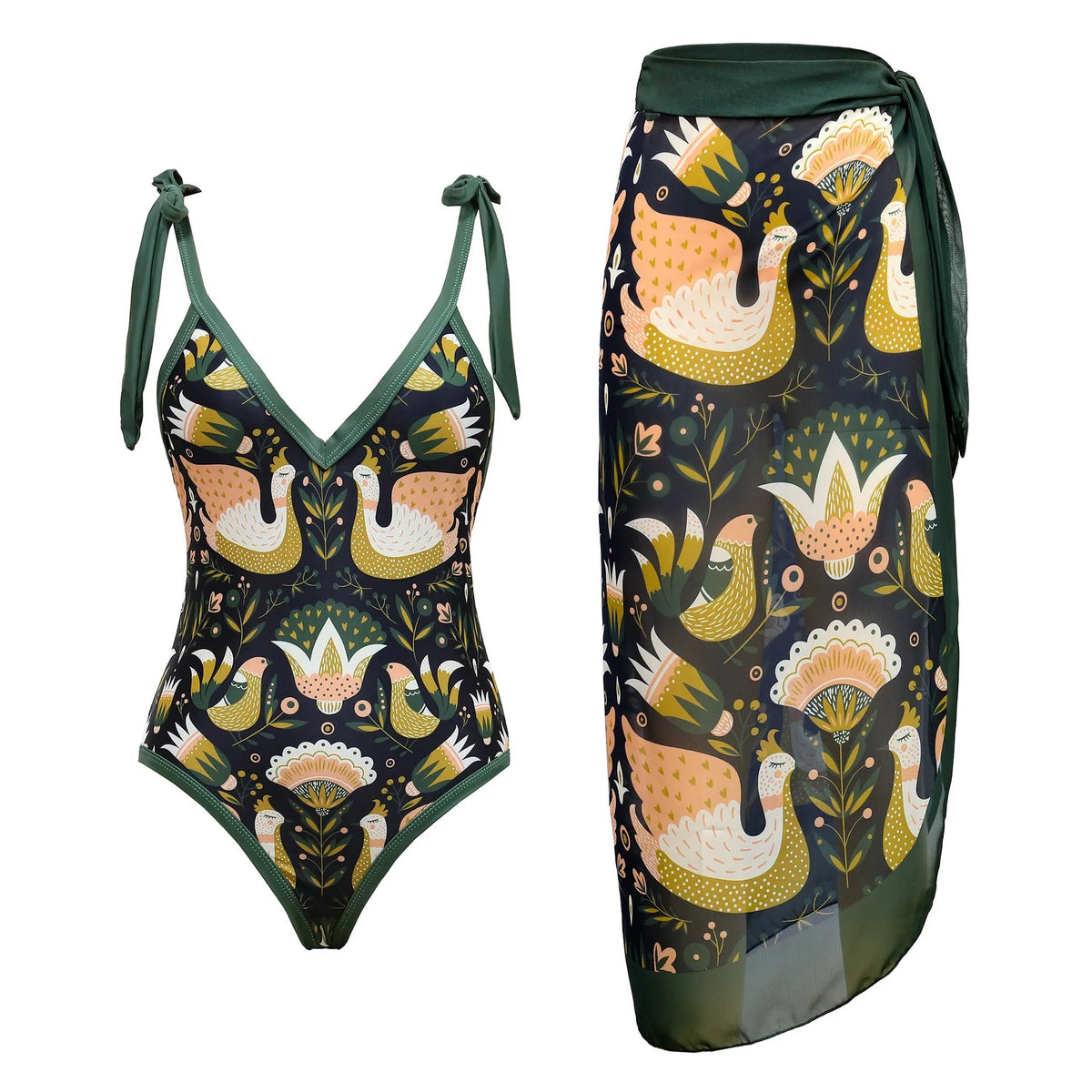 Women's solid colour one-piece swimsuit with thin spaghetti straps and a matching removable skirt.