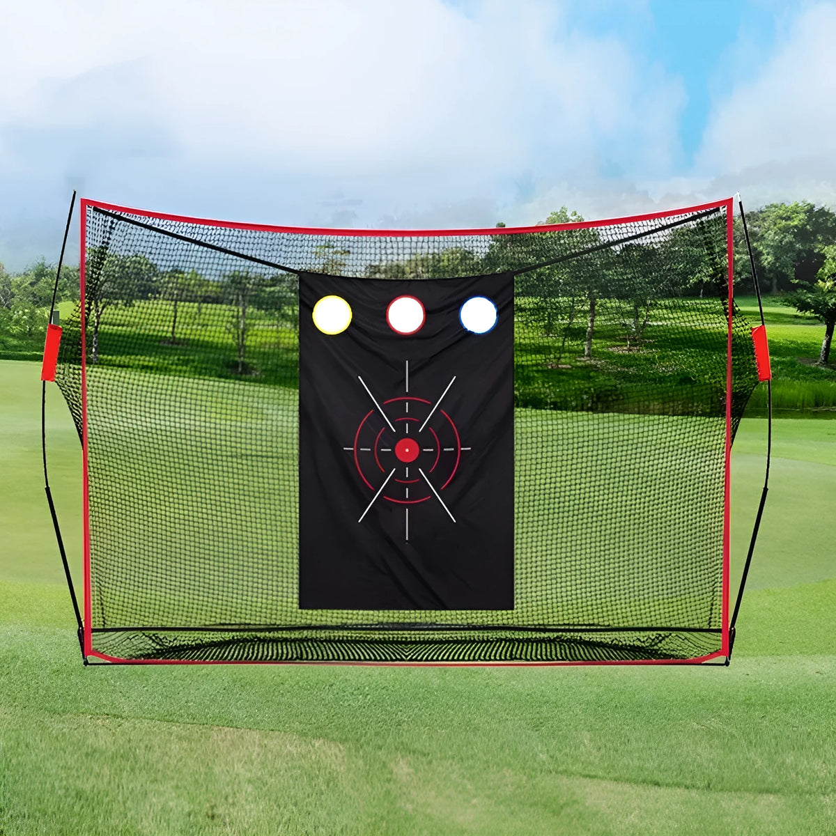 Golf swing wedge training net set with red and white practice balls on a turf mat.