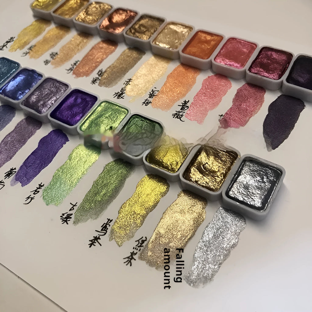 Traditional Chinese painting watercolour set showing 46 mineral pearlescent pigment tubes including red and white gold 5ml containers