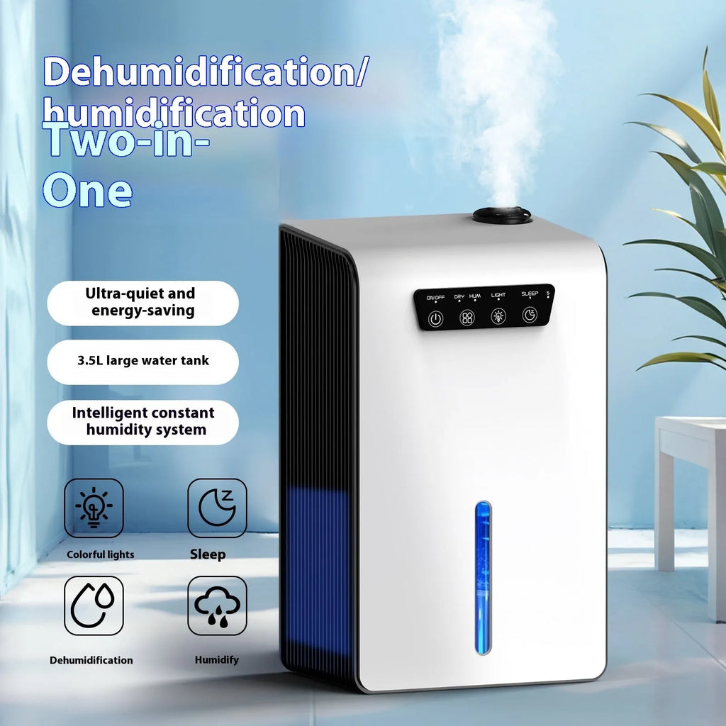Milk white compact household dehumidifier with water tank on a bedroom floor.