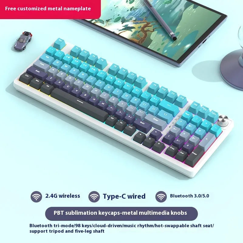 White screen version 98-key wireless mechanical keyboard kit with metal knob on desk