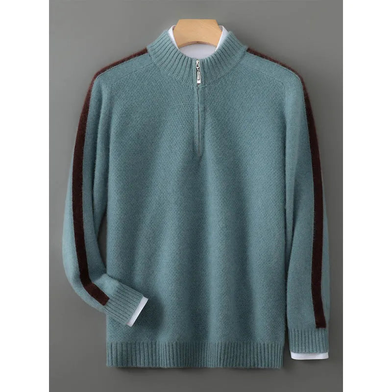 Men's slim fit half-zip wool pullover sweater in raw velvet camel colour showing front detail