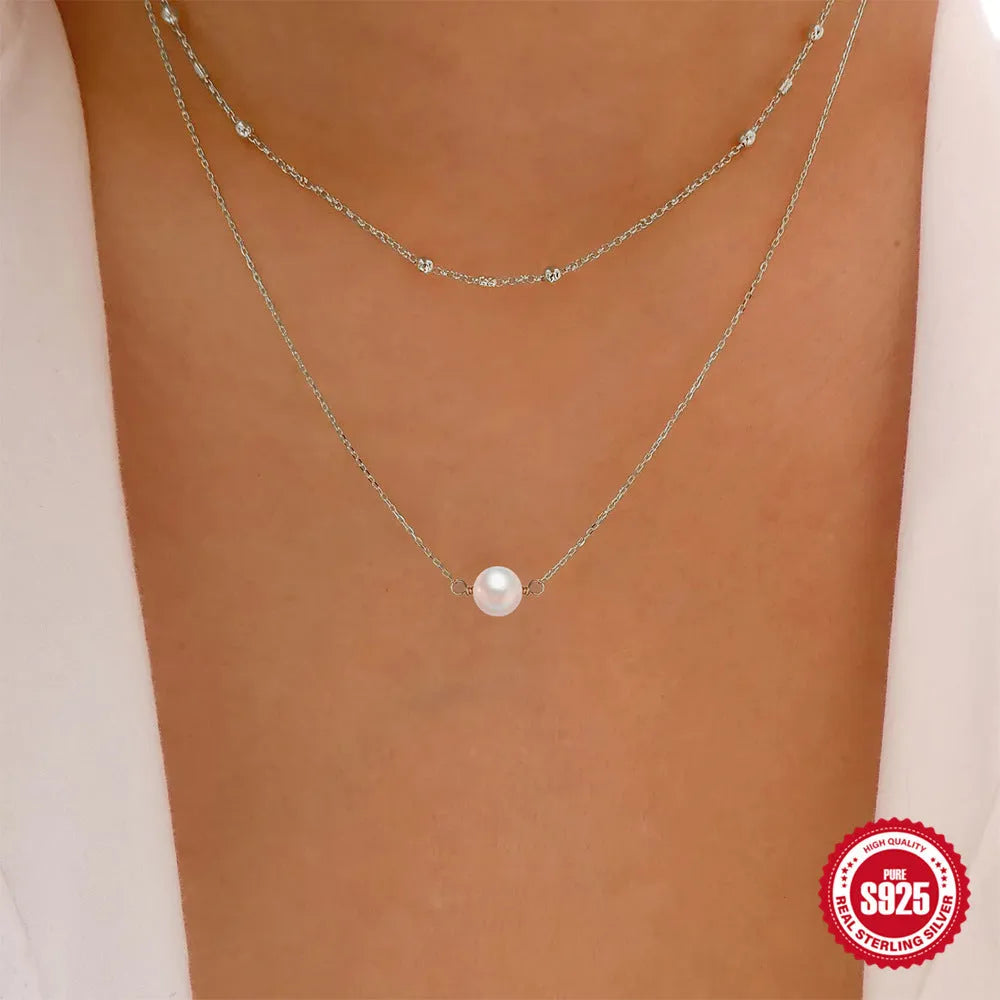 S925 sterling silver double layer necklace with twin pearls and ball bead chain in gold colour