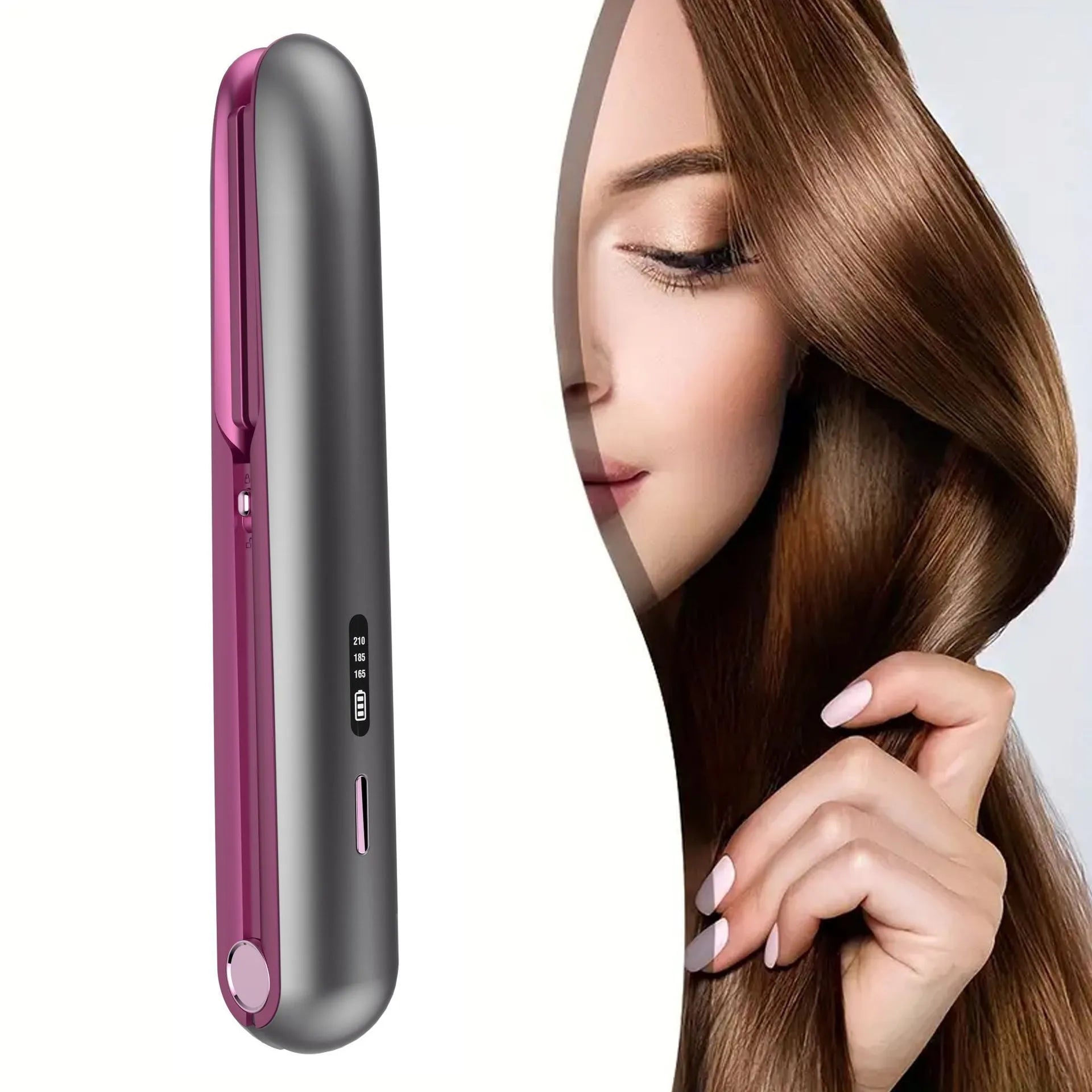 Moon shadow grey wireless hair straightener with tourmaline ceramic plates and temperature control display