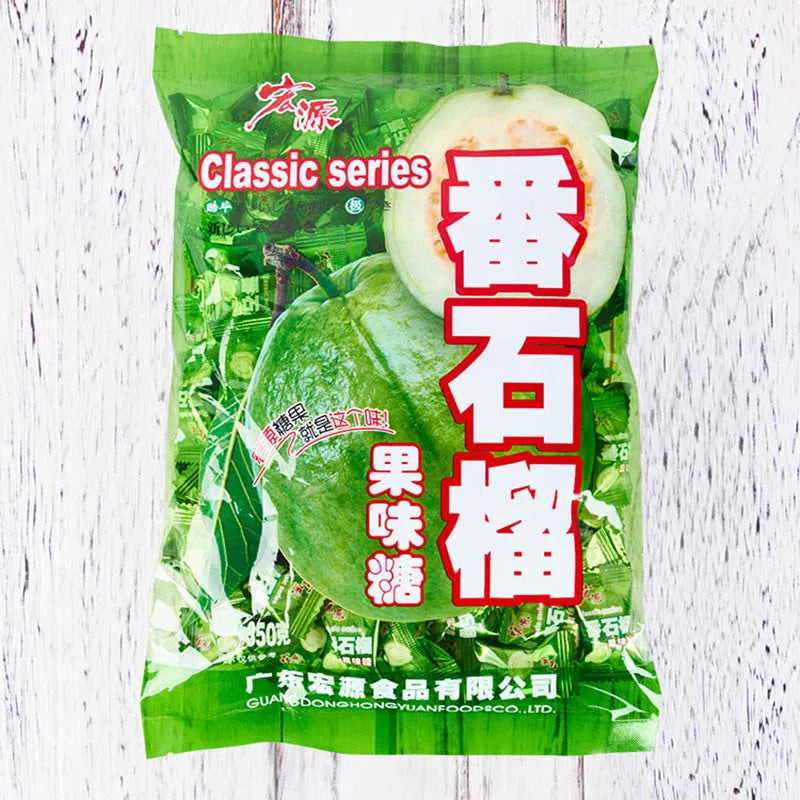Three bags of hard candy in guava, plum, and tangerine peel flavours with net weights displayed