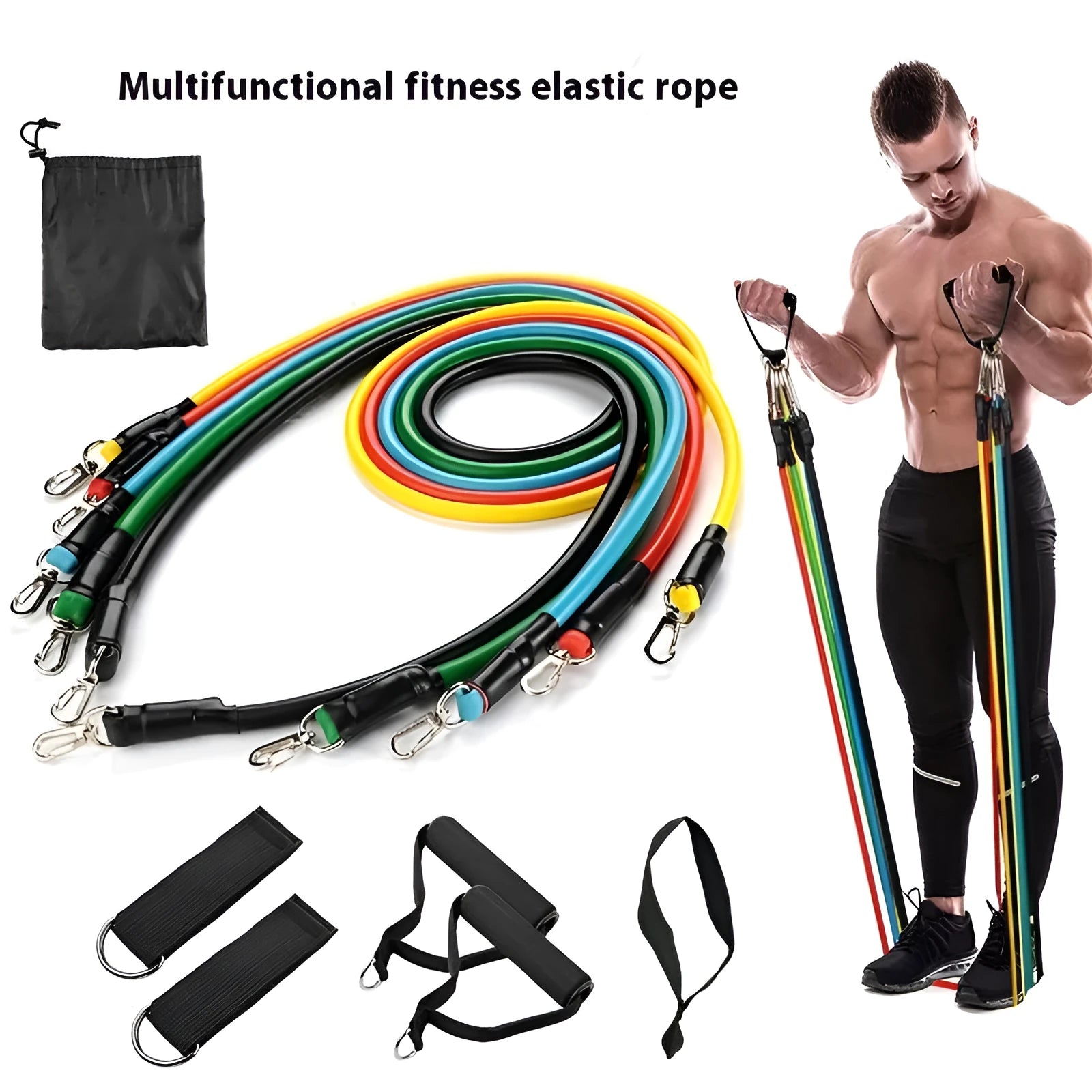 Multi-functional door sports 11-piece combination pulling rope set with ABS construction and hook options.