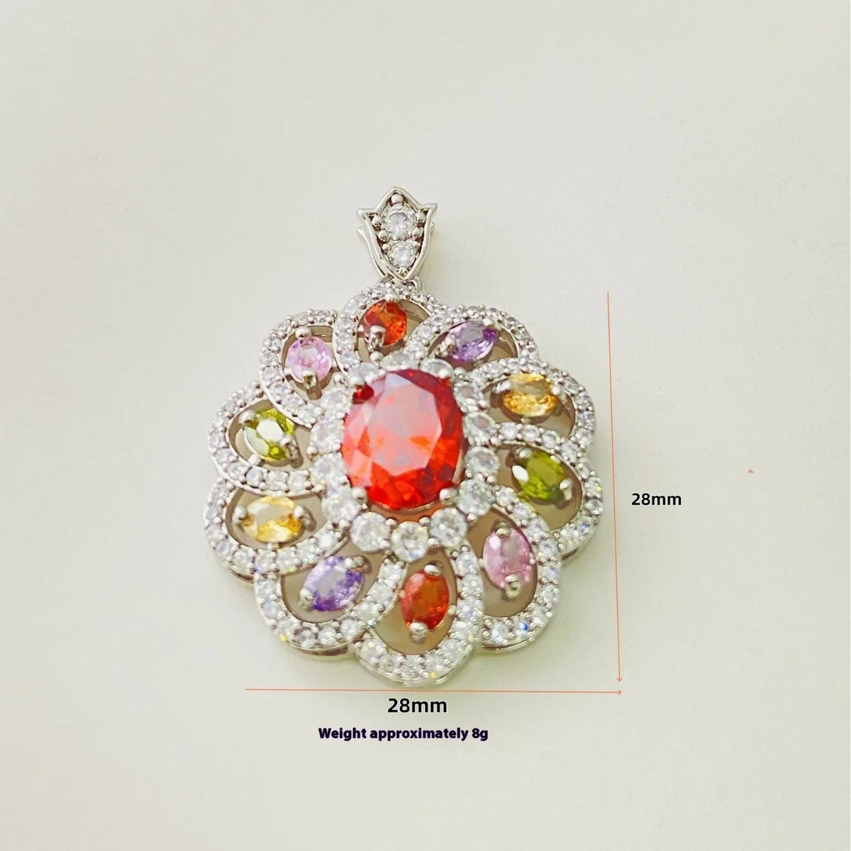 Close-up of a women's flower-shaped zircon pendant necklace in a gold colour finish on a chain.