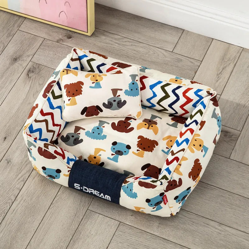 Washable dog cat bed in canvas and oxford cloth, Mi Puppy brown or yellow, sizes S M L with optional small pillow