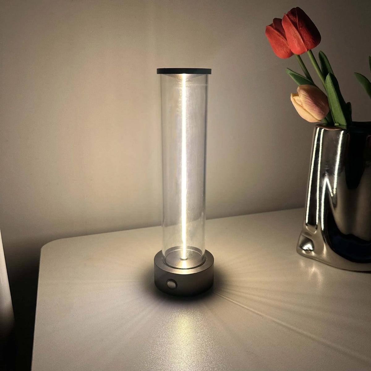 Modern circular glass LED night light with USB charging port and magnetic base