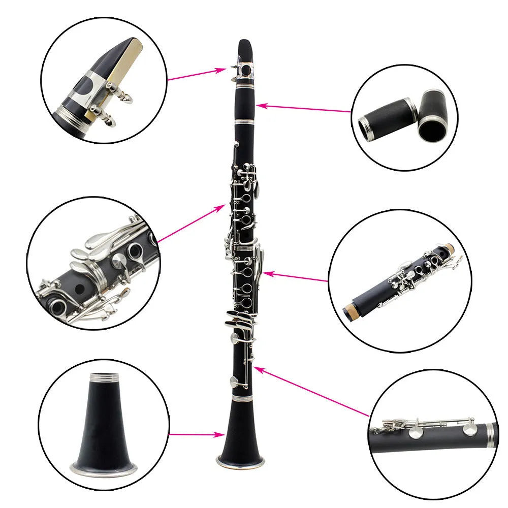 Black Bakelite clarinet with 17 nickel-plated keys and carrying bag